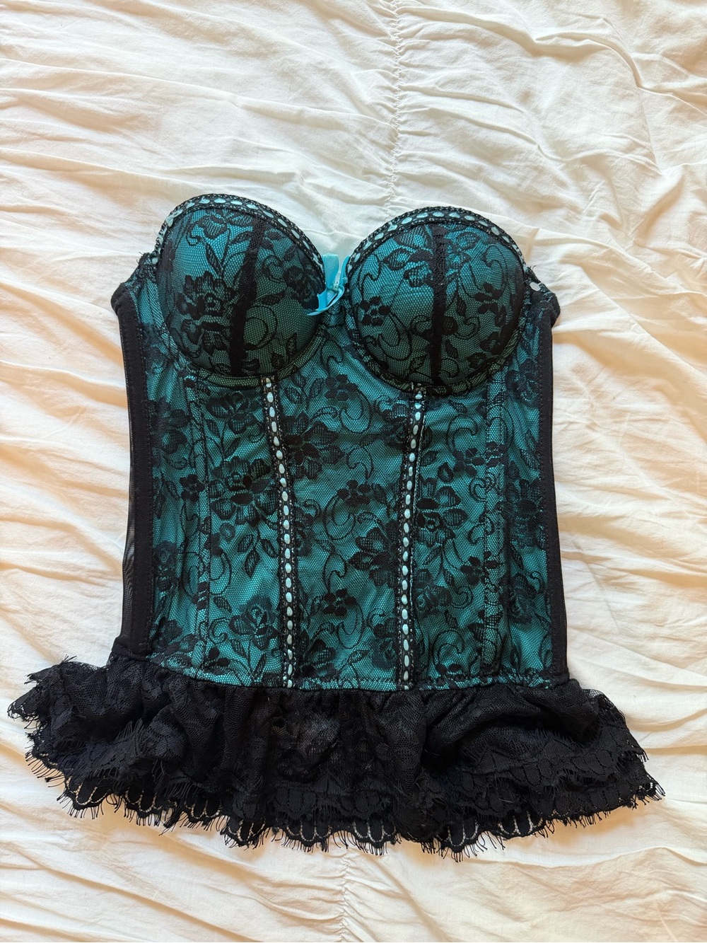 Teal and Black Lace Bustier Corset Top - Women Intimates
